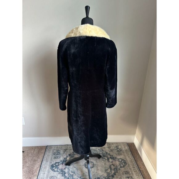 VINTAGE Women's Mid Length Cream Black Center Front Button Fully Lined Fur Coat - Picture 5 of 11